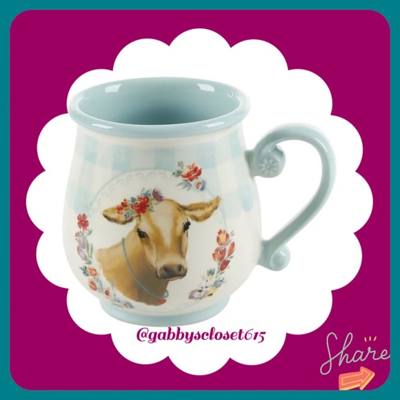 The Pioneer Woman Other - 💋 New Pioneer Woman Teal Blue Gingham Floral Cow 16-Ounce Latte Mug, Qty 1